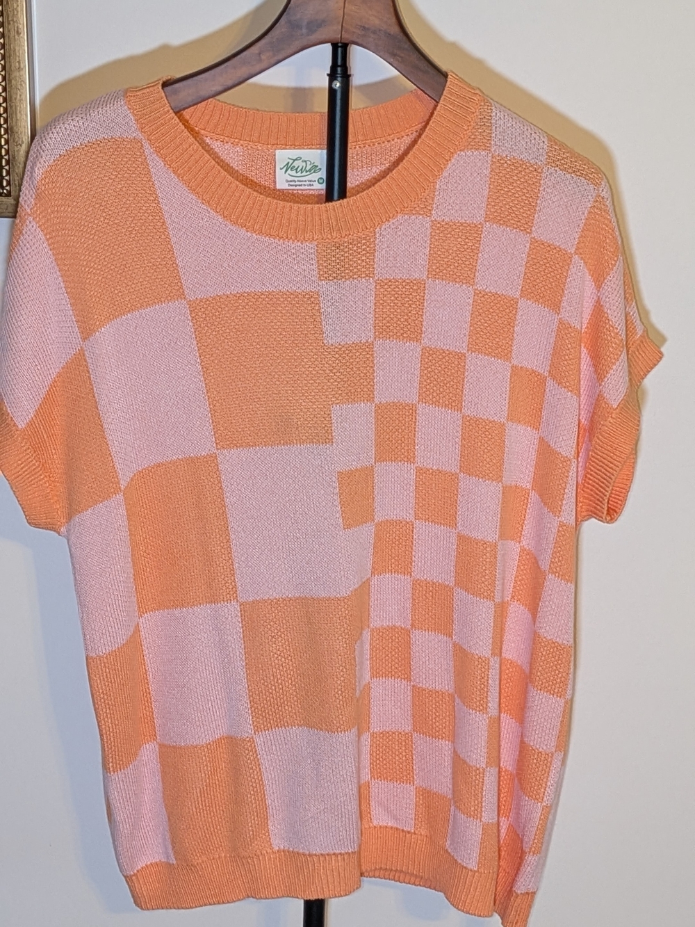 NewMe Checkerboard Knit Shirt Pink Orange Short Sleeve Top Size M